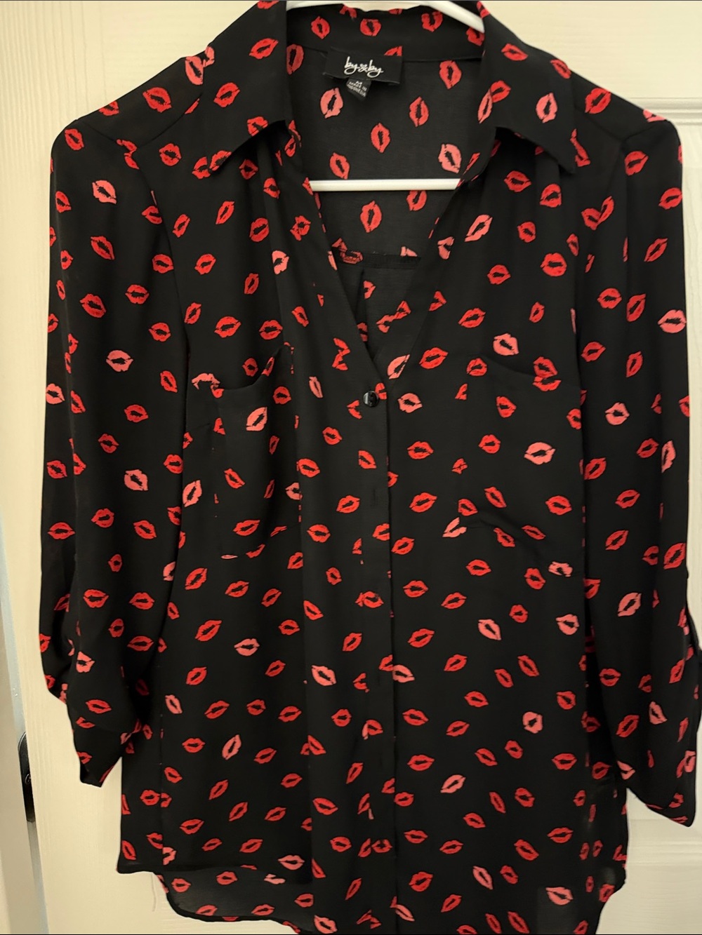 by & by Black Button-Up Blouse with Red Lip Print